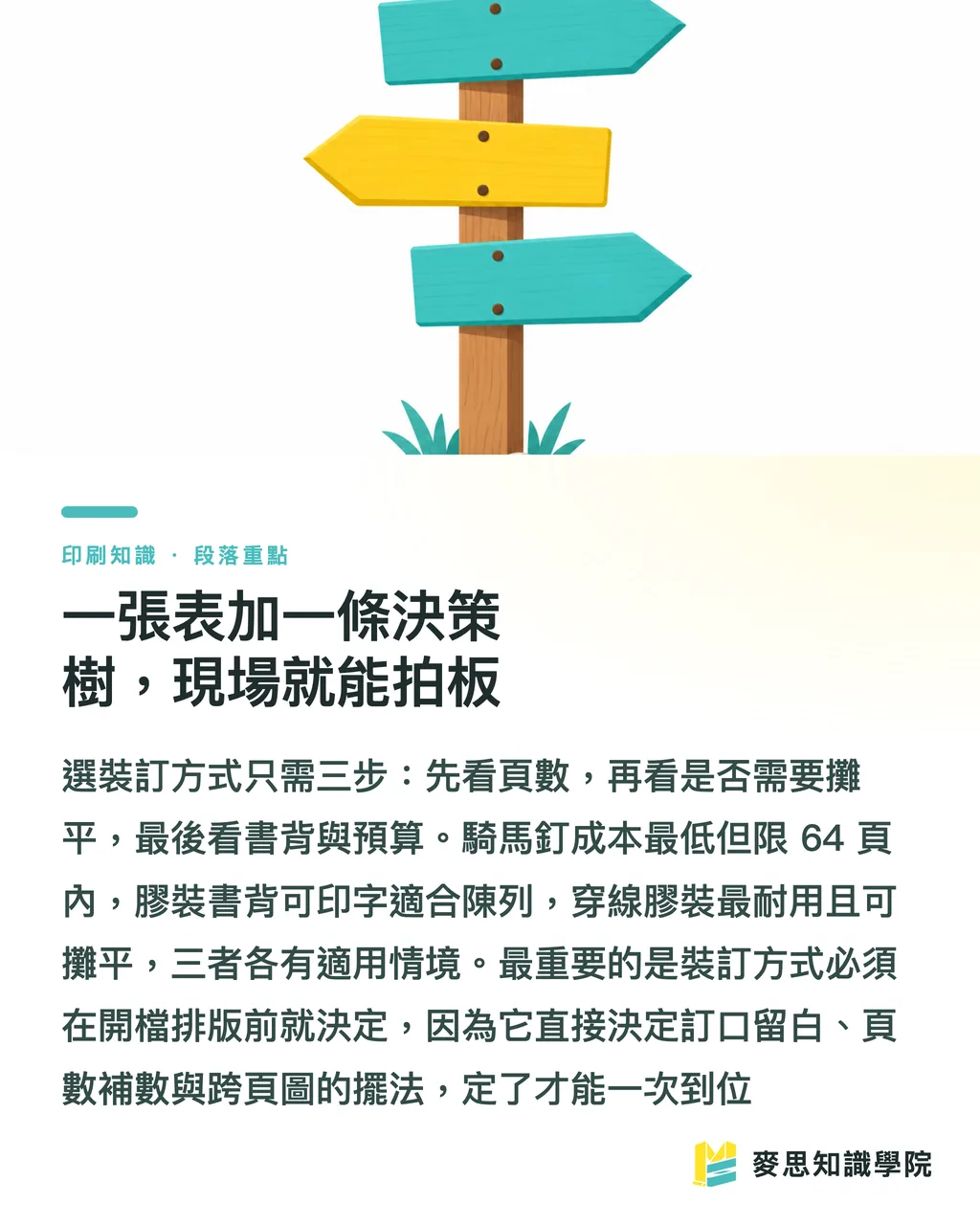 一張表加一條決策樹，現場就能拍板｜裝訂方式怎麼挑：騎馬釘、膠裝、穿線膠裝一次講清楚 段落重點