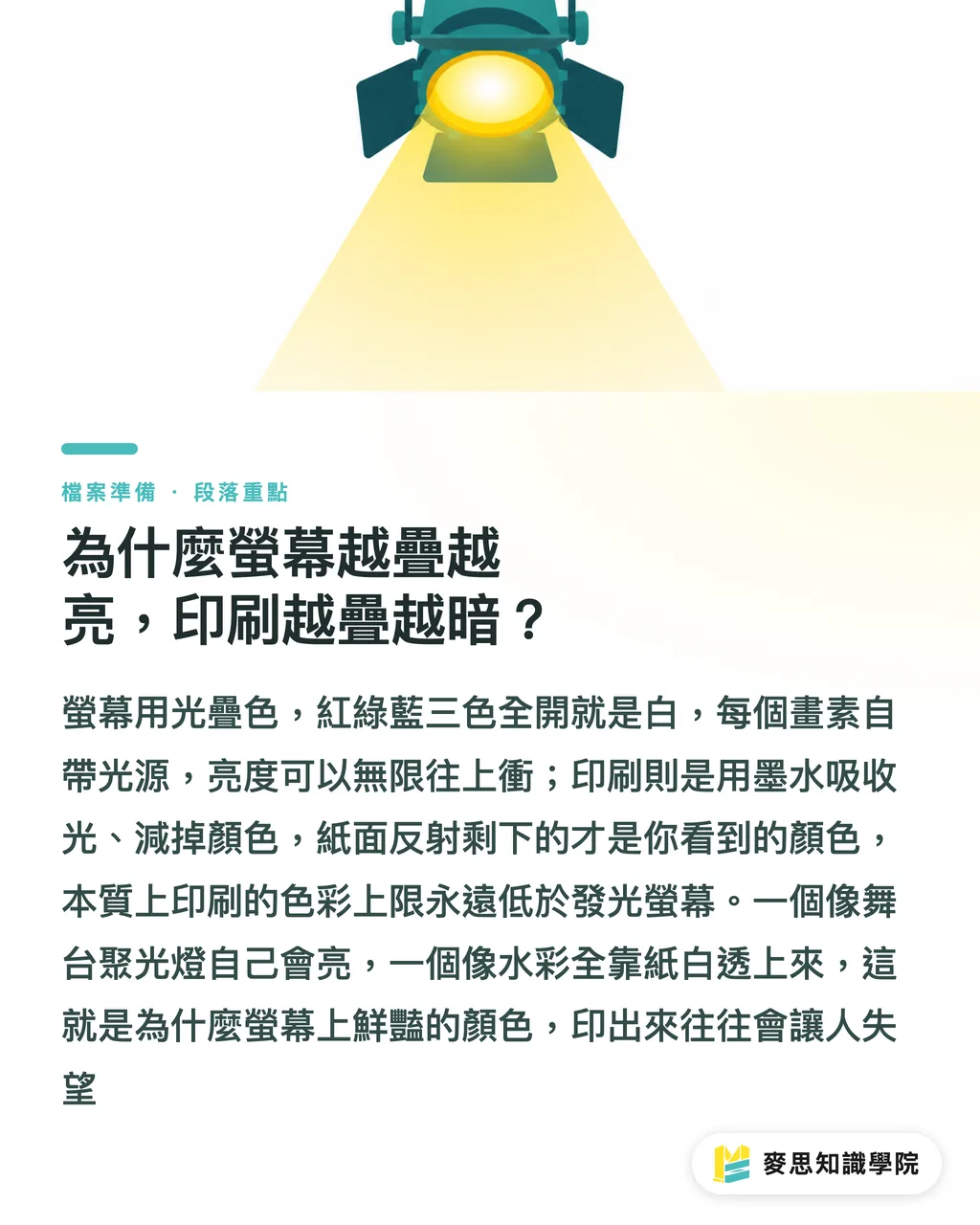 為什麼螢幕越疊越亮,印刷越疊越暗?|螢幕看到的鮮綠,印出來為什麼變濁?CMYK 與 RGB 一次講清楚 段落重點