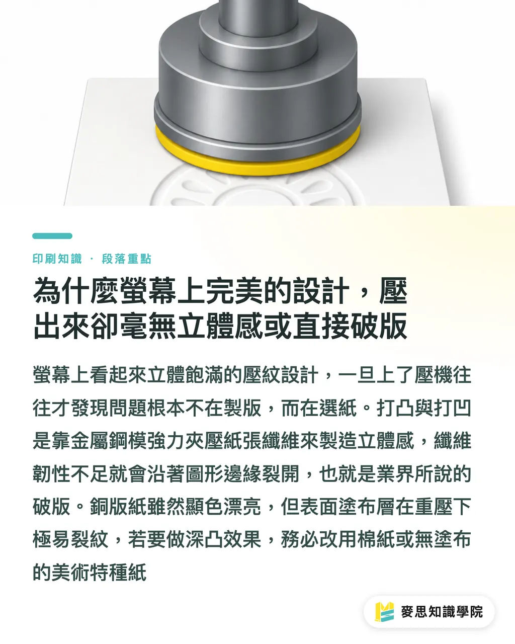為什麼螢幕上完美的設計，壓出來卻毫無立體感或直接破版｜打凸打凹不破版秘訣：紙材特性與製版設計實戰指南 段落重點