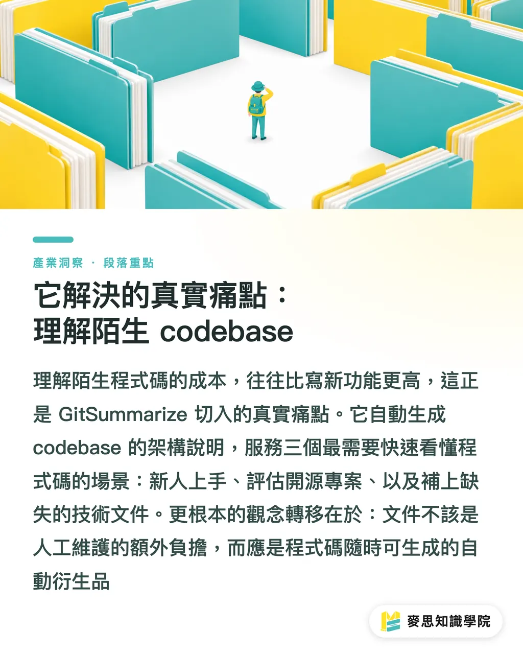 它解決的真實痛點：理解陌生 codebase｜把 hub 換成 summarize：AI 一鍵把 GitHub 變成知識庫 段落重點