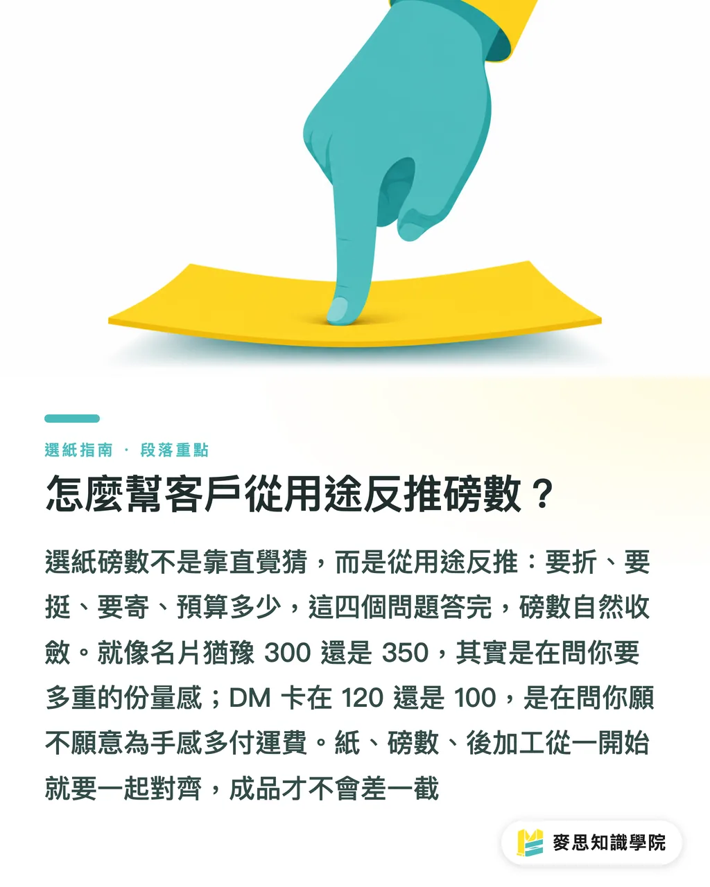 怎麼幫客戶從用途反推磅數?|紙張磅數 gsm 怎麼看?名片、DM、海報該用幾磅一次講清楚 段落重點