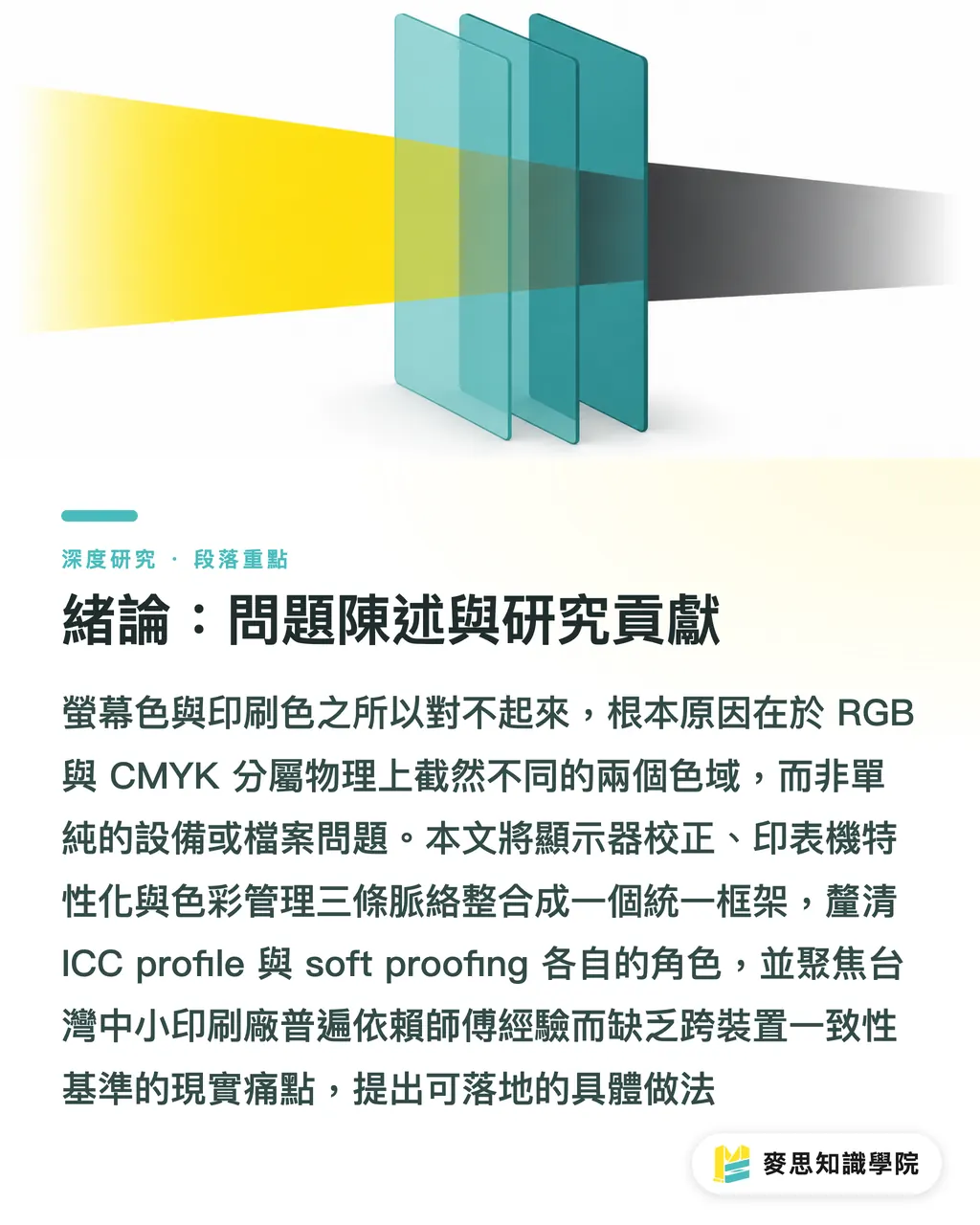 緒論：問題陳述與研究貢獻｜色彩管理與 ICC Profile：螢幕色與印刷色落差的系統性根因 段落重點