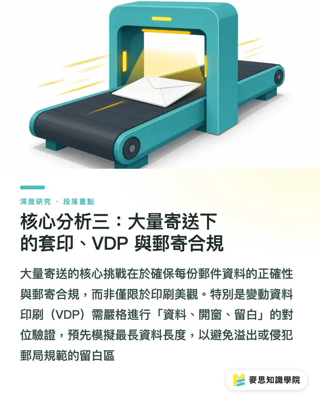 核心分析三：大量寄送下的套印、VDP 與郵寄合規｜信封印刷的規格、開窗與郵寄合規：一個整合性綜述 段落重點