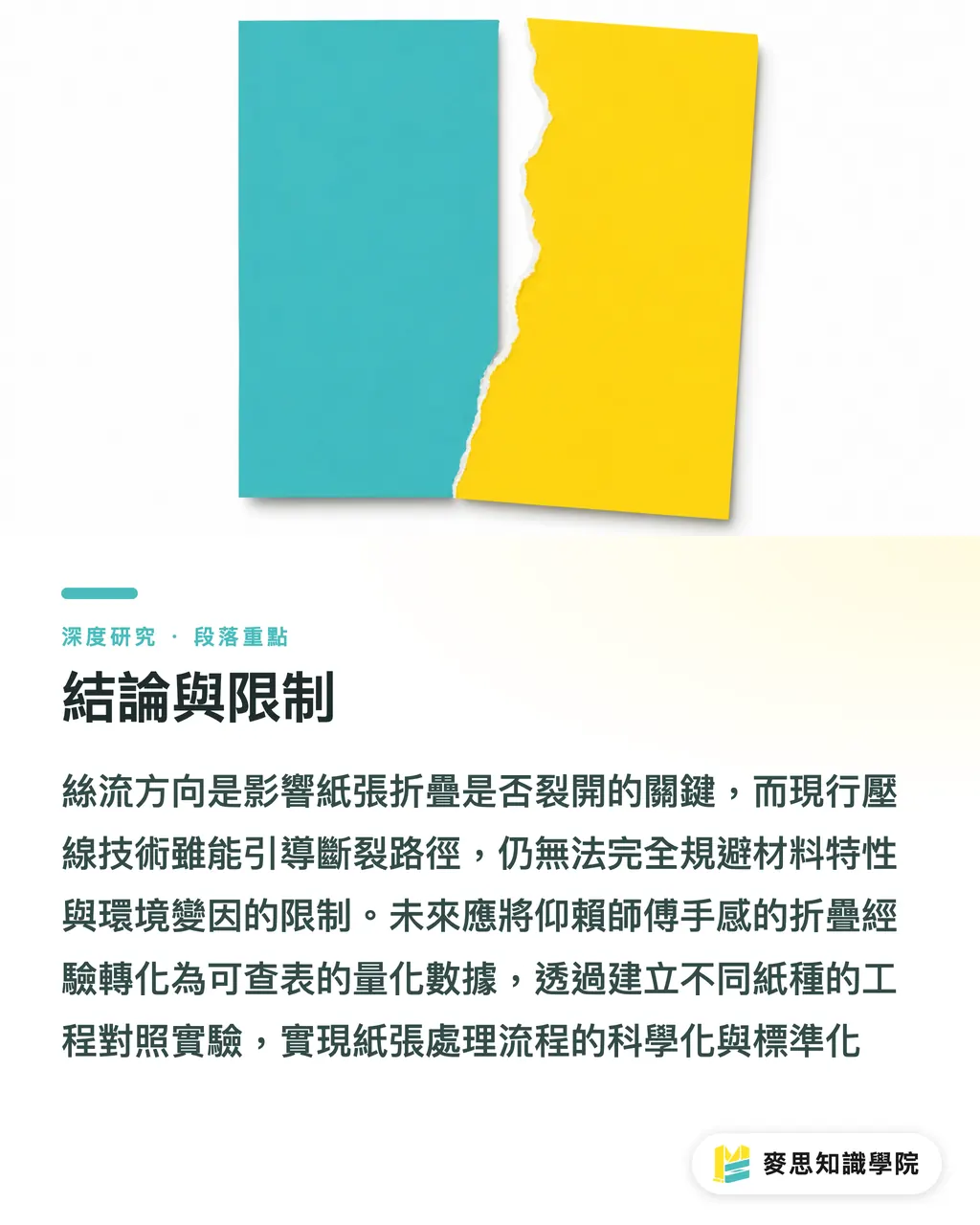 結論與限制|紙張絲流方向與折頁裂痕:成因機制與壓線補救之研究綜述 段落重點