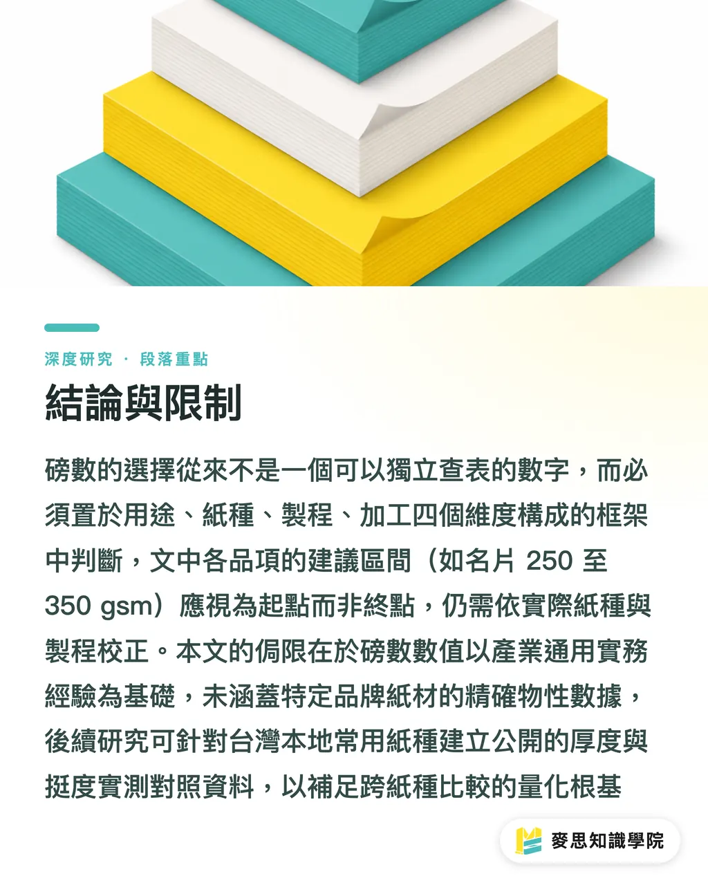 結論與限制｜紙張磅數選擇的系統化框架：從gsm到手感的對照分析 段落重點