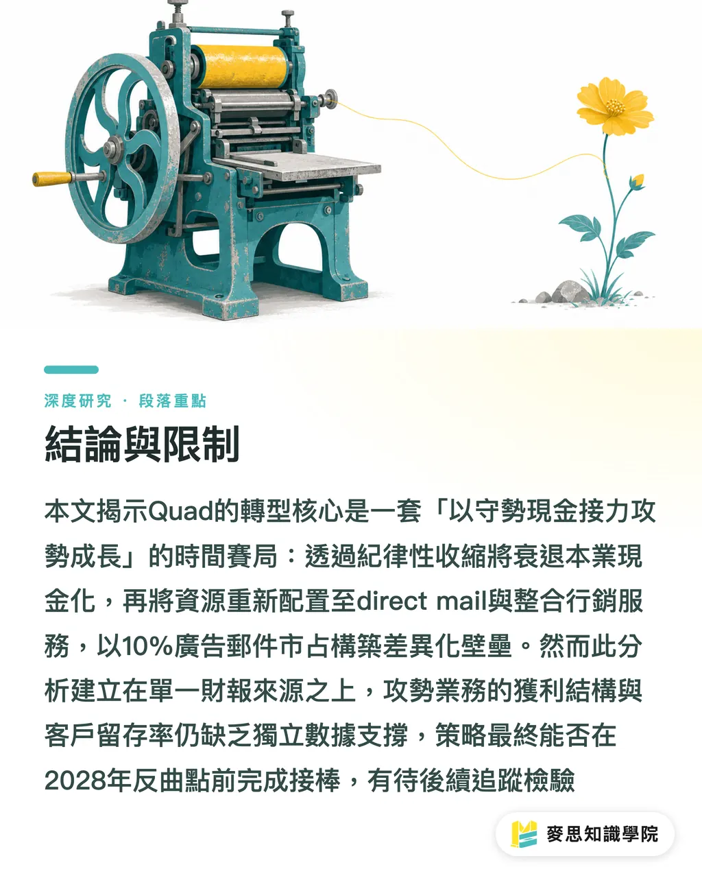 結論與限制｜攻守並進：Quad轉型路徑與傳統印刷集團的成長重構 段落重點
